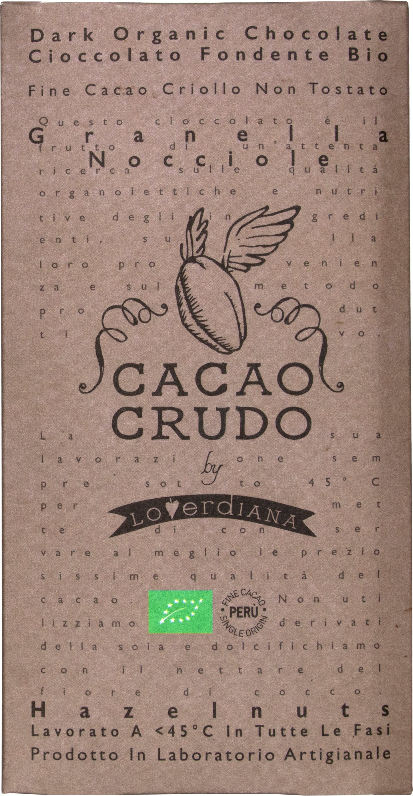 Cacao Crudo 65% Dark Raw Cacao Bar with Tonda Gentile Romana Hazelnuts